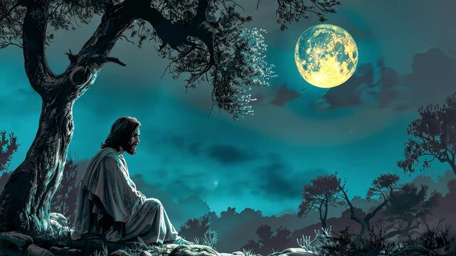 Jesus Christ praying alone under full moon in Gethsemane garden surrounded by olive trees and night sky. Concept of spiritual struggle, divine mission, Holy Week, faith in darkness