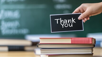 A hand holding a thank you card over a stack of books in front of a blurred green chalkboard