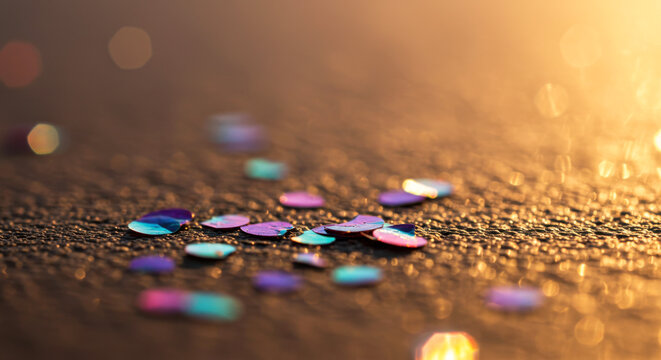 Sparkling Water Drops on Reflective Surface with Golden Sunlight Glow