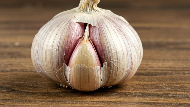 A fresh garlic bulb with open clove on wood table