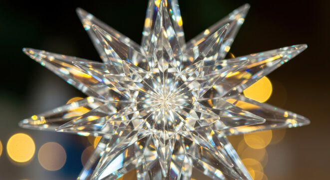 Close-up Sparkling Silver Star Ornament with Bokeh Lights in Dark Background