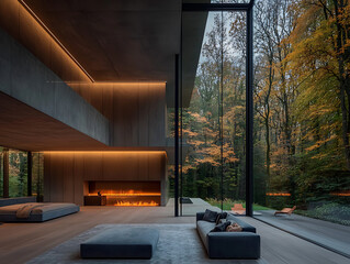 Modern home with autumn forest view.