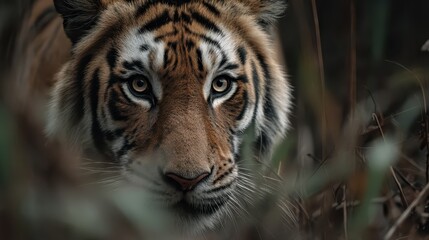 Fototapeta premium A Bengal tiger stealthily navigates through dense undergrowth in its natural habitat, demonstrating its grace and hunting instincts during twilight hours