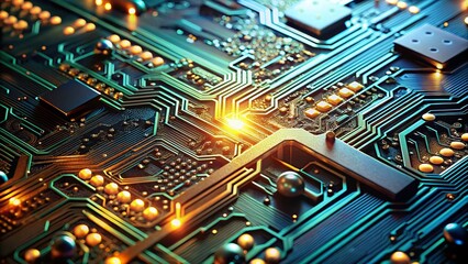Fototapeta premium Glowing Circuit Board Technology Close-up: Intricate Electronic Components