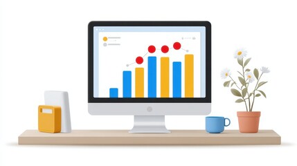 A modern workspace featuring a desktop computer displaying colorful graphs and charts