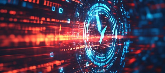 Obraz premium A Tech Banner with Binary Streams Creating an Illusion of an Analog Clock in the Background