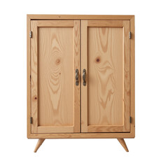 A minimalist wooden cabinet with two doors and metal handles, perfect for storage or display.