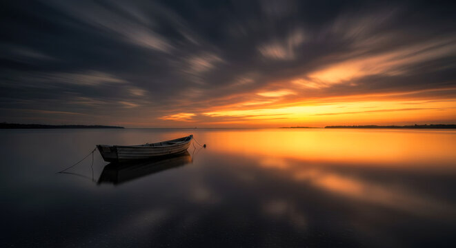 Silhouette of Boat at Sunset on Calm Lake with Golden Sky Reflection