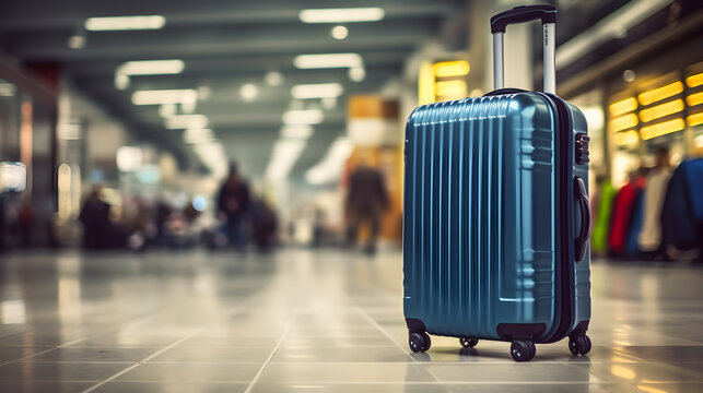 A blue suitcase with wheels on a tiled floor in an airport terminal.