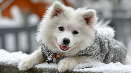 Naklejka premium Adorable fluffy white dog in cozy winter coat on snowy surface