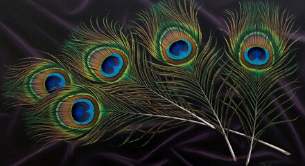 Obraz premium Iridescent Peacock Feathers Oil Painting on Dark Velvet Featuring Emerald Sapphire and Bronze Shimmering Perfect for Decoration and Symbolizing Beauty