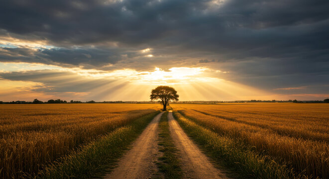 Silhouette of Solitary Tree in Golden Wheat Field at Sunrise with Dramatic Sky