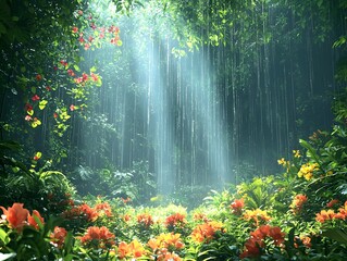 Naklejka premium A lush tropical rainforest with a cascading waterfall and vibrant flora