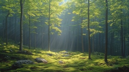 Fototapeta premium Sunbeams Illuminating a Mossy Forest Floor