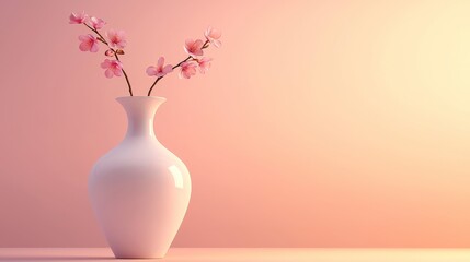 Elegant White Porcelain Vase with Single Cherry Blossom on Soft Gradient Background