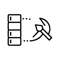 Data Mining Icon with Server Stack and Pickaxe,A black outline icon illustrating data mining with a pickaxe and server stack, ideal for technology and data-related designs
