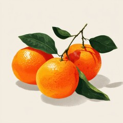 Three Oranges on a Branch with Green Leaves - Fresh Citrus Fruit Still Life for Healthy Eating and Vitamin C Concepts