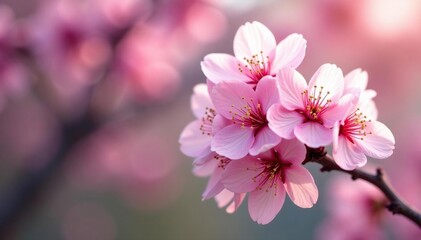 Fototapeta premium Delicate pink sakura blossoms, full bloom, intricate pattern , branch, greeting card