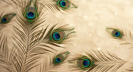 Obraz premium Macro View of Vibrant Peacock Feathers with Iridescent Eyes Dancing Gracefully Against a Textured Background