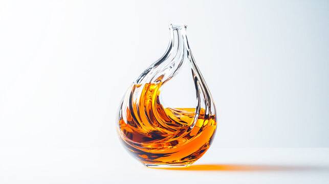 Craft an elegant and minimalistic glass figure in the shape of a teardrop, filled with swirling amber liquid that mimics the rich texture of whiskey. The design should be sleek yet detailed - Powered by Adobe