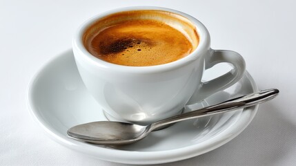 Fototapeta premium A freshly brewed cup of espresso sits on a white saucer, accompanied by a small silver spoon. The rich crema on the coffee surface adds visual appeal, inviting enjoyment