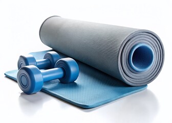 Grey Yoga Mat & Blue Dumbbells: Weight Loss Fitness Concept - Stock Photo