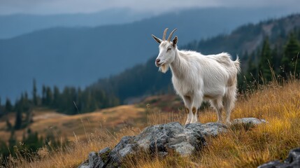 Obraz premium A white goat proudly stands on a rock, surveying its mountainous pasture. The landscape features rolling hills and distant trees, with a cloudy sky enhancing the peaceful atmosphere