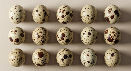 Obraz premium Overhead Array of Speckled Quail Eggs in Grid Format Displaying Umber and Sienna Patterns on Textured Cream Paper Surface Perfect for Decoration