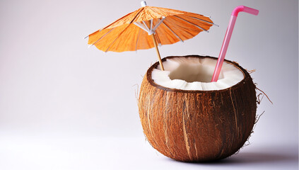 A coconut with an umbrella and straw inside, set against a white background, representing the concept of tropical coconut drinks
