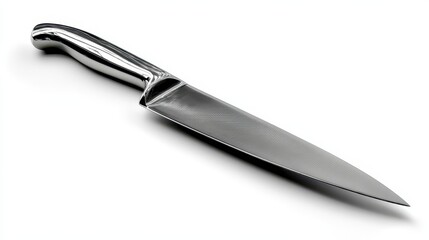 Fototapeta premium This stainless steel kitchen knife exhibits a sharp, polished blade and a comfortable handle. Ideal for cutting and chopping, it emphasizes quality and functionality in any culinary setting