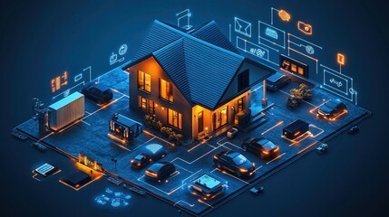 Illustration of the Internet of Things concept through a smart home environment, showcasing a variety of connected devices and appliances. Captured from a low angle with a wide-angle lens