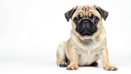 Obraz premium Adorable pug dog sitting, isolated on white background, photography, sitting