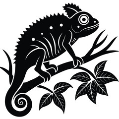 Black and White Chameleon Silhouette Illustration on Branch Reptile Animal Art