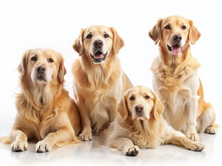 Happy Golden Retriever Dog Poses: Lying, Sitting, Portrait - Isolated White Background Stock Photo