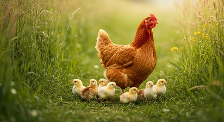 Fototapeta premium Protective Golden Hen Surrounded By Pastel Chicks in Sunlit Meadow With Soft Focus Portrait Perfect for Decoration