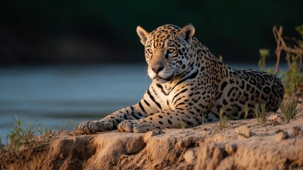 Fototapeta premium A jaguar lounges peacefully on the sandy riverbank as dusk approaches. The soft glow of twilight highlights its distinct coat, blending elegance with the serene environment