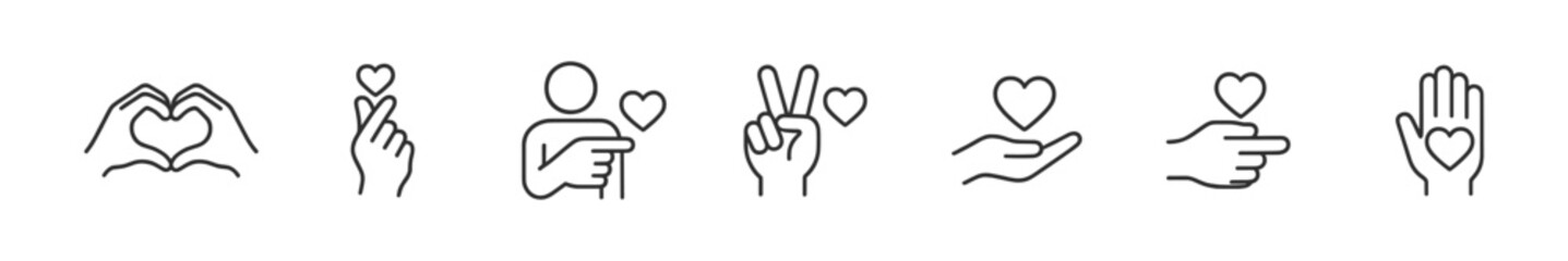 Obraz premium Heart gesture outline icons set : love and connection symbols. Vector outline icons