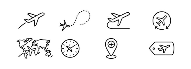 Air travel icons set: plane, map, clock, destination, tag. Vector icons