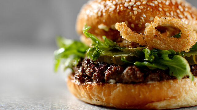 A juicy hamburger with a benny bun, fresh honey oil pickles, and crispy onion rings on a white background.
