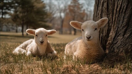 Fototapeta premium Two adorable lambs relax under a tree, basking in the warm spring sun. Their fluffy coats and calm demeanor create a serene atmosphere in the meadow