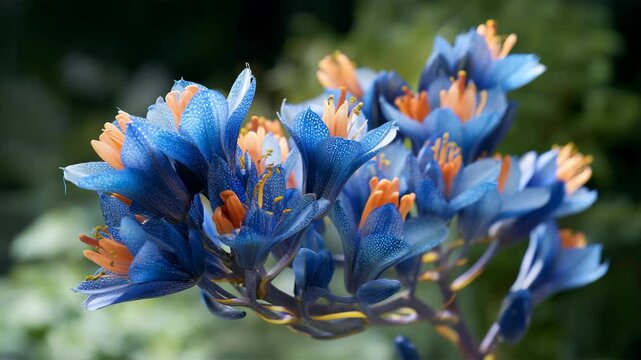 Striking blue and orange sparaxis flowers bloom in a cluster, petals speckled in white, showcasing vibrant botanical beauty.