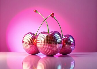 Hyperrealistic Pink Disco Ball Cherries on Pastel Background