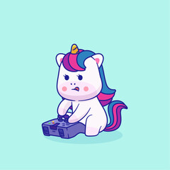 Vector illustration of cute cartoon unicorn playing the joystick. Animal and game icon concept Isolated. Babby unicorn in flat cartoon style.