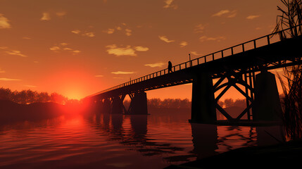 A bridge at dusk with the setting sun casting the shadow of the structure onto the river below illustration background poster decorative painting