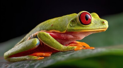 Obraz premium A red-eyed tree frog is perched on a lush green leaf in a dense tropical rainforest