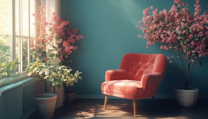 Sunlit room with coral armchair, flowering plants, and teal walls. Serene and stylish interior design.