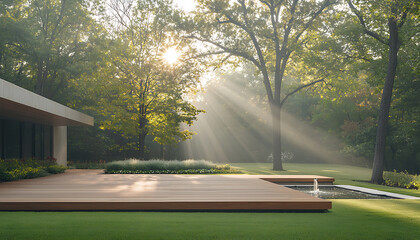 Modern patio, morning sun, lush trees