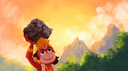 A cheerful cartoon version of jehovah hanuman, the monkey god, holding a mountain with a smile in the sky