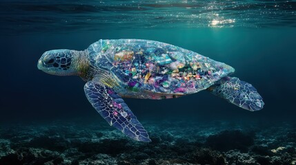 Fototapeta premium A sea turtle glides gracefully beneath the surface, entangled in vibrant plastic waste. Light filters through the water, highlighting the urgent issue of marine pollution