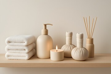 Product-focused image showing minimalist shelf with spa decor for wellness concept